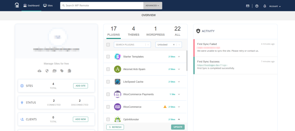 WP Remote's dashboard