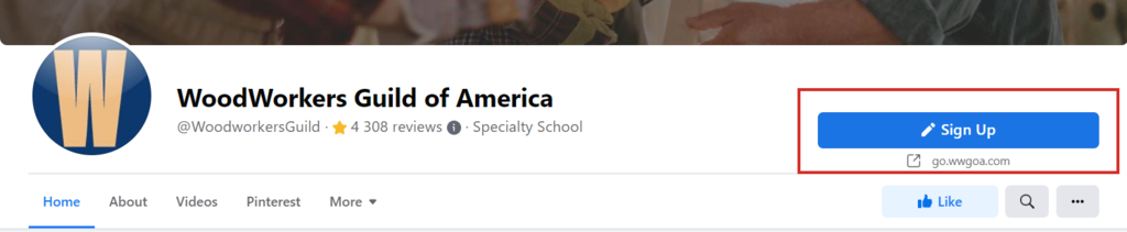 WoodWorkers Guild of America's Facebook page displays a Sign Up button.