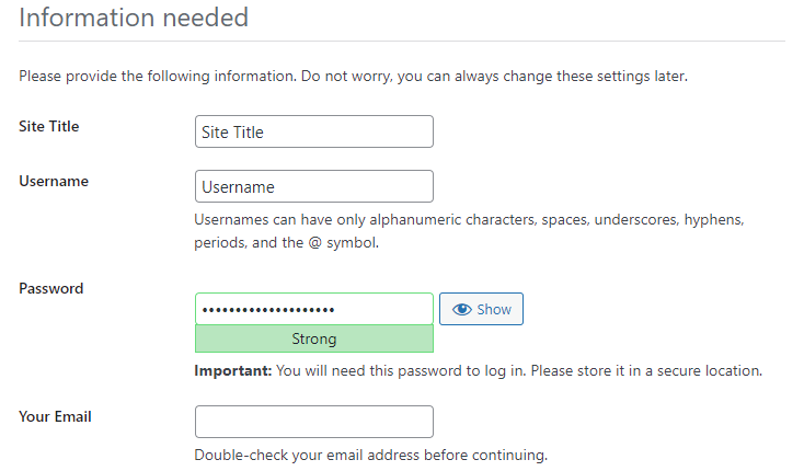 WordPress installation screen to insert the website information, including site title, username, and password