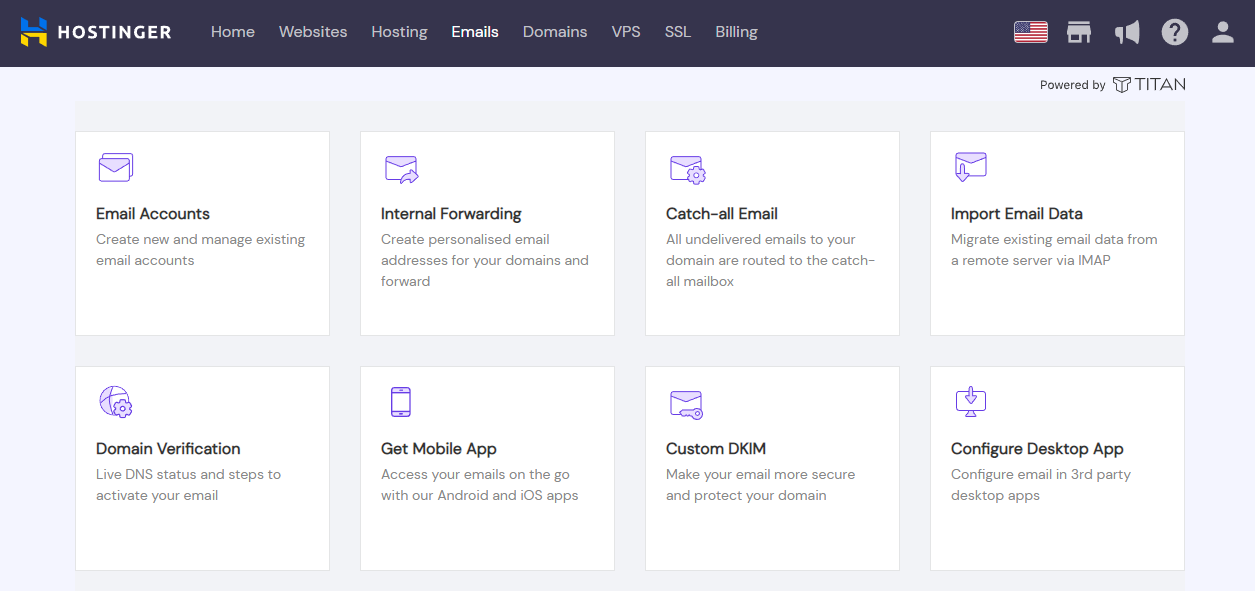 hPanel dashboard, emails section
