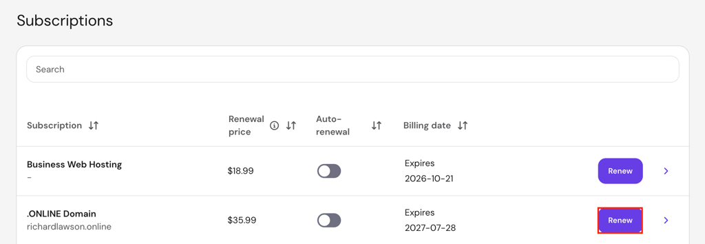 Redesigned Subscriptions page showing the domain subscription, billing date, renewal price, auto-renewal status, and Renew button.