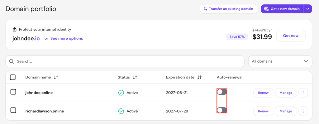 Auto-renewal toggle for a domain in the Domains section.