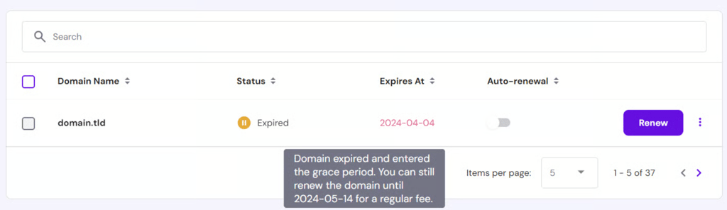Tooltip showing that the domain is in the grace period.