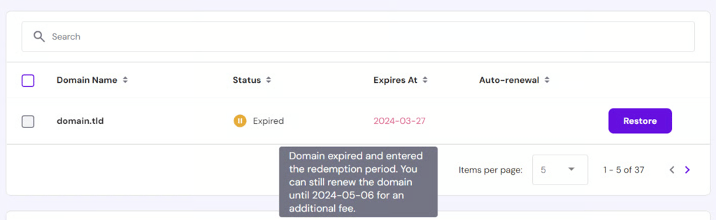 Tooltip showing that the domain is in the redemption period