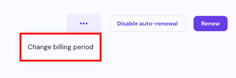 The Subscription details page with the three dots icon open and the Change billing period button highlighted.