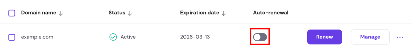 Auto-renewal toggle switch for domain names in hPanel