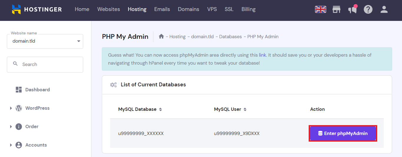 phpMyAdmin menu in the hPanel hosting settings screen