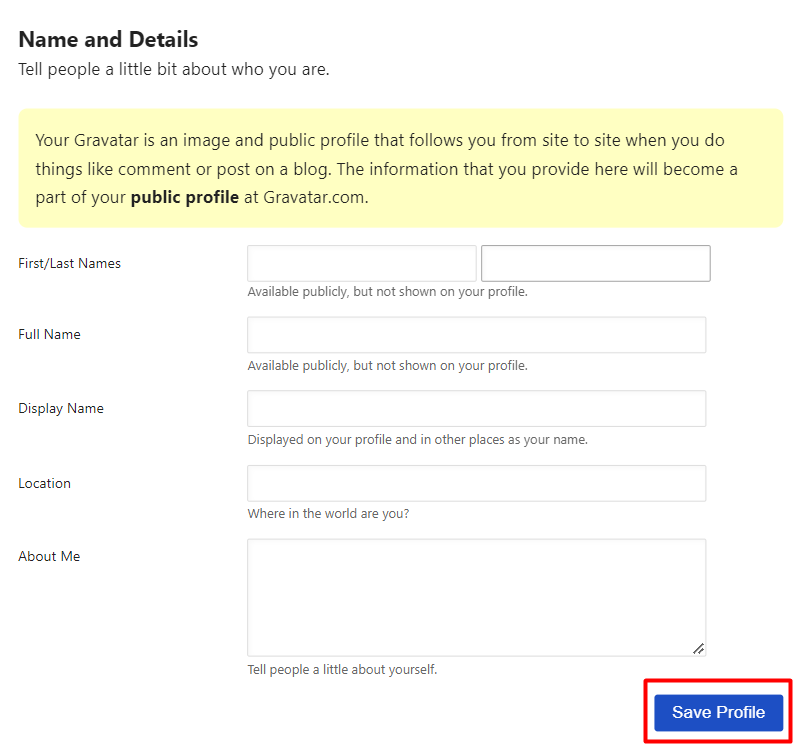 Name and Details section on Gravatar
