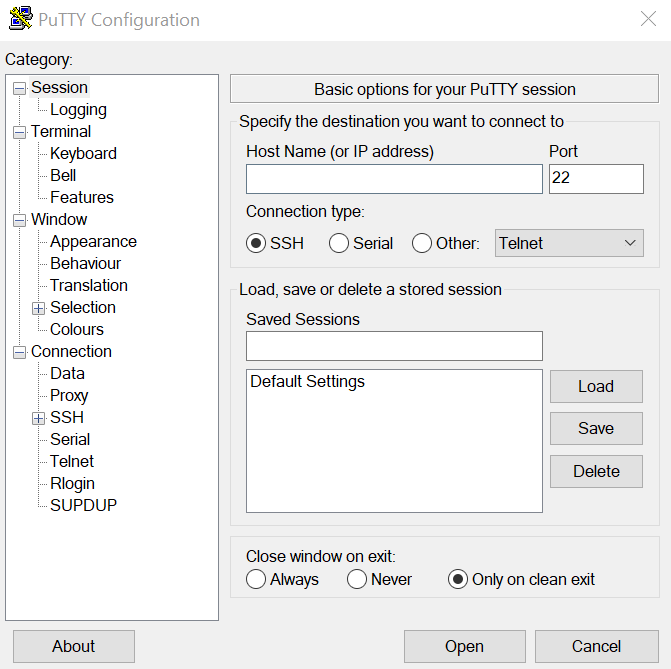 PuTTY configuration window
