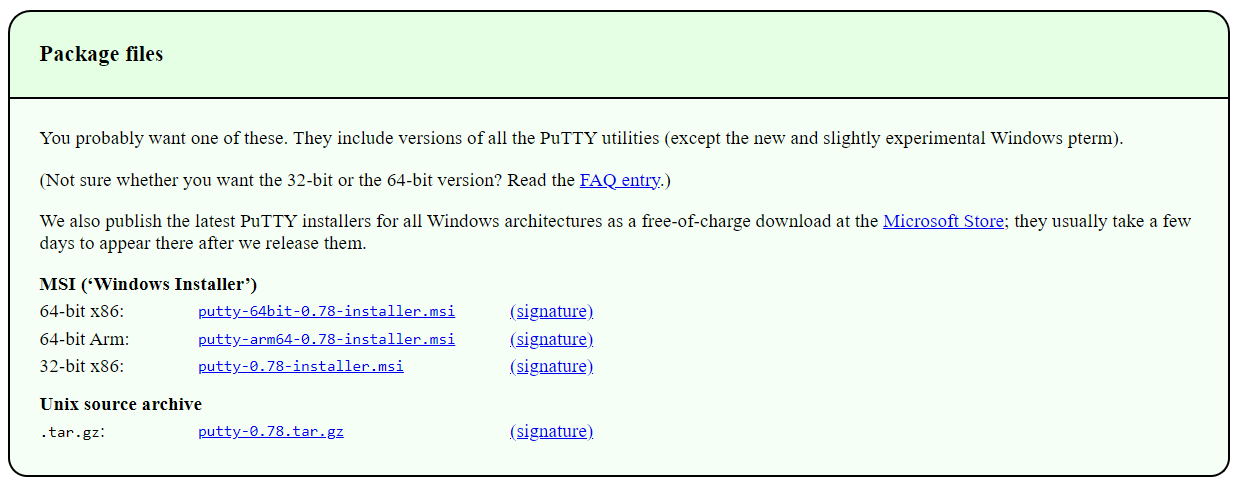 PuTTY package files download page