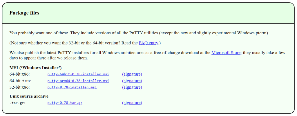 PuTTY package files download page