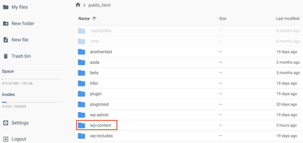 The wp-content folder in hPanel's File Manager