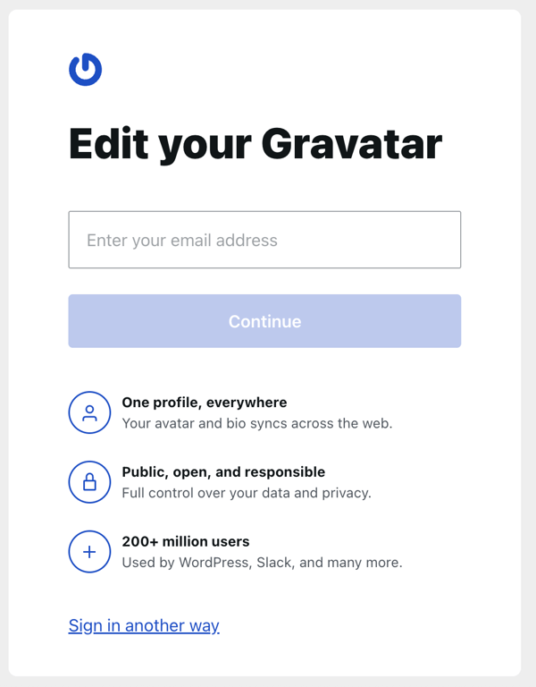 Gravatar account configuration start menu