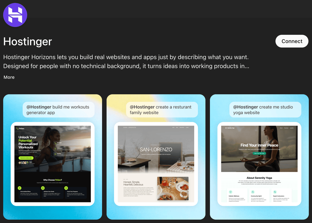 Hostinger AI Builder GPT within App section of ChatGPT