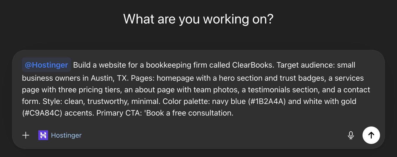 Prompt within ChatGPT tagging @Hostinger with details to build a website