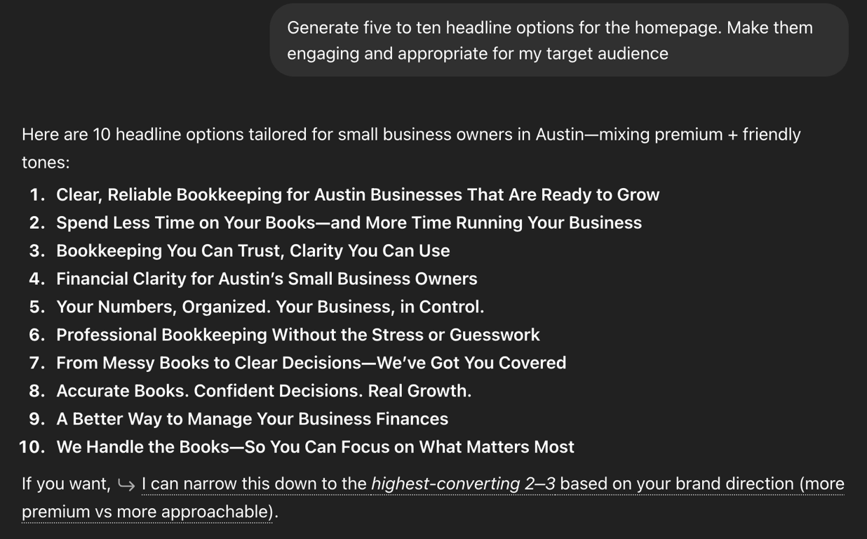 Chat results within ChatGPT showing 10 headline options