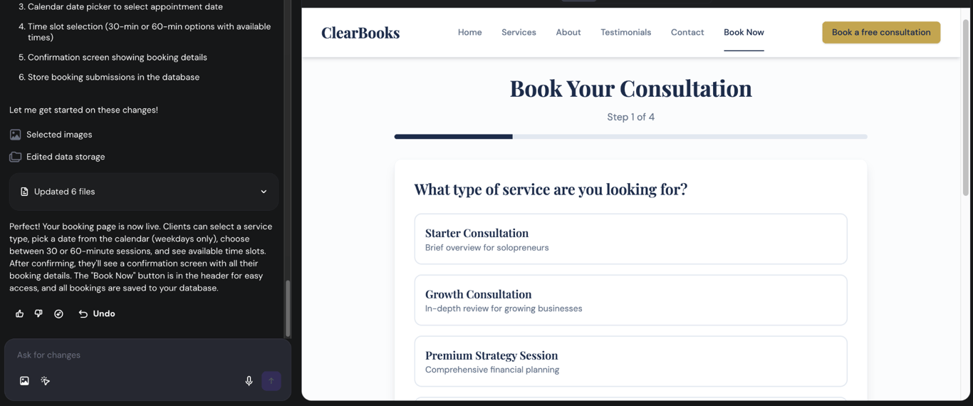 Dashboard within Hostinger AI Builder showing booking form preview