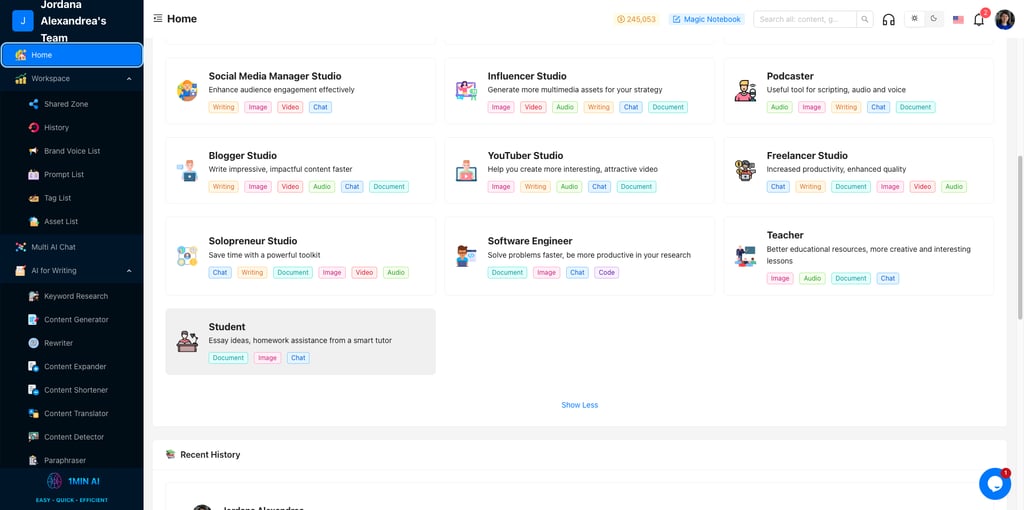 1minAI main dashboard