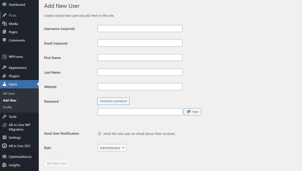 Adding a new user and assigning an administrator role from the WordPress dashboard