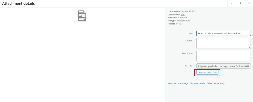 Attachment details page with Copy URL to clipboard option highlighted