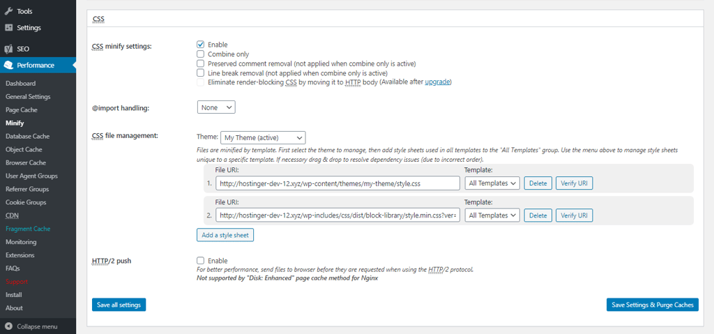 CSS minify setting w3 total cache