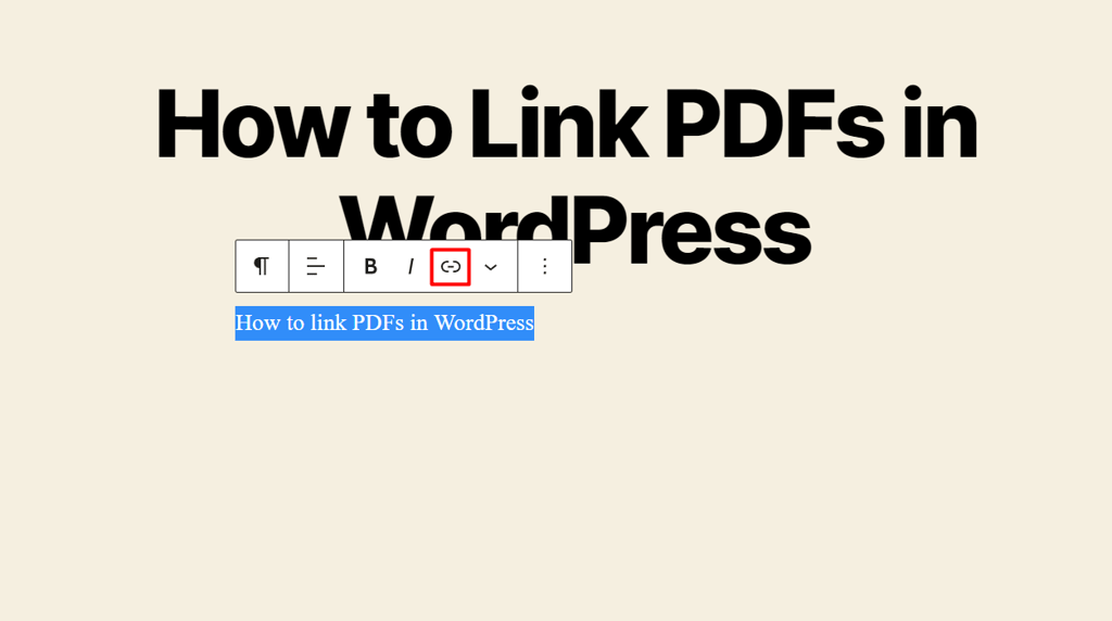 The WordPress Gutenberg editor toolbar with the paper clip icon highlighted