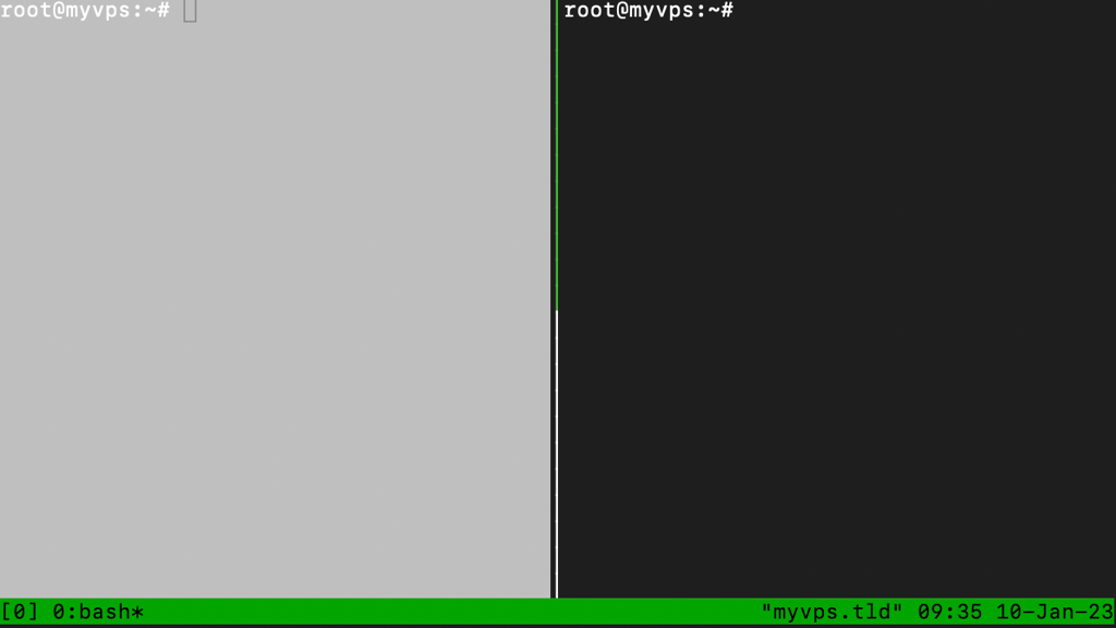 Command-prompt window displaying tmux configuration functionality. Multiple panes are active, one of which has a white background color