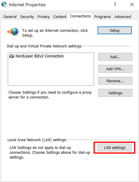 The LAN settings button on the Connections tab of the Internet Properties window