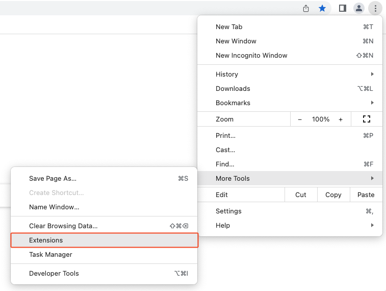 The extensions option in Google Chrome's more tools settings drop-down menu
