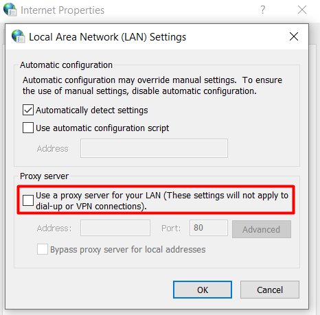 The option to uncheck all the proxy settings in Windows LAN settings

