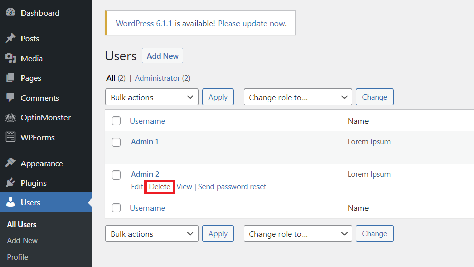 Deleting a user from WordPress website