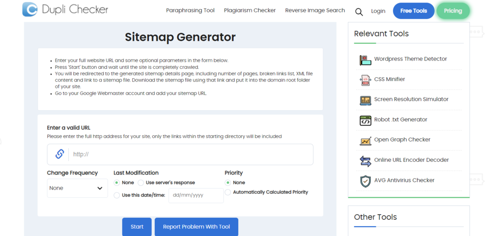 Dupli Checker Sitemap Generator homepage