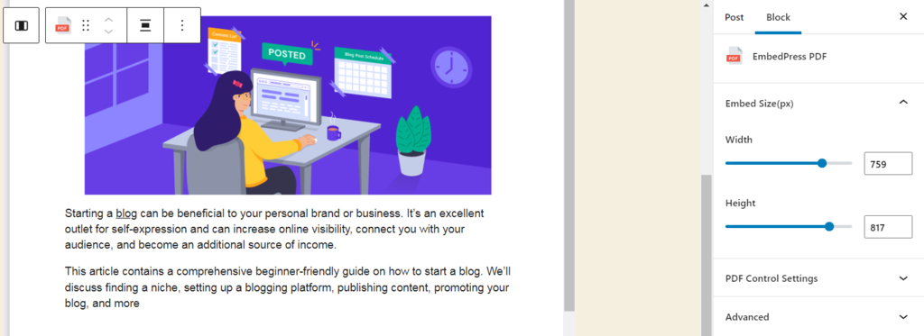 EmbedPress PDF block settings panel