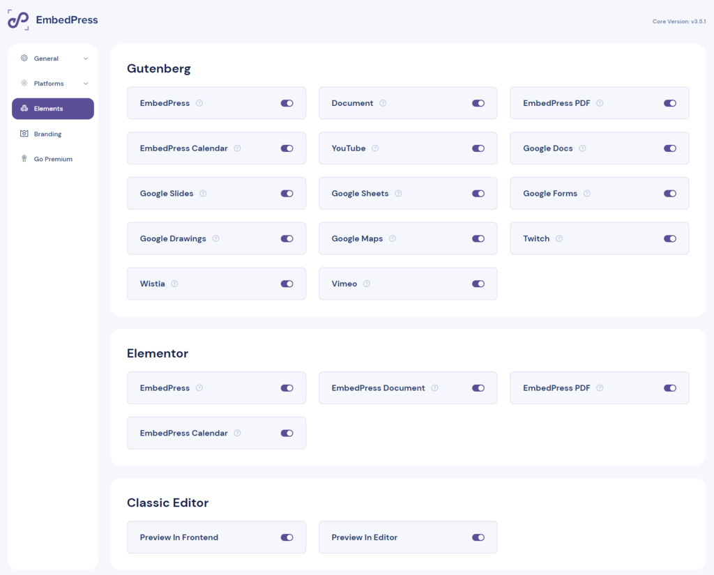EmbedPress settings page with the Elements tab selected
