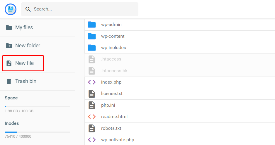 Hostinger file manager interface with the highlighted new file button
