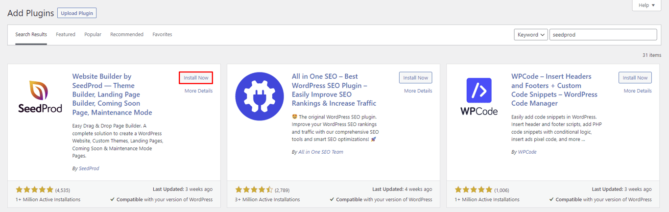 The SeedProd plugin in the WordPress dashboard with the Install Now button highlighted