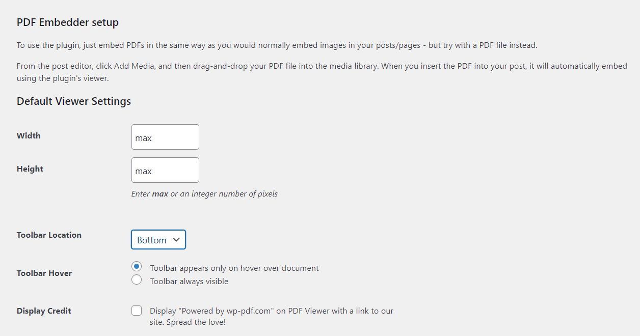 PDF Embedder setup page