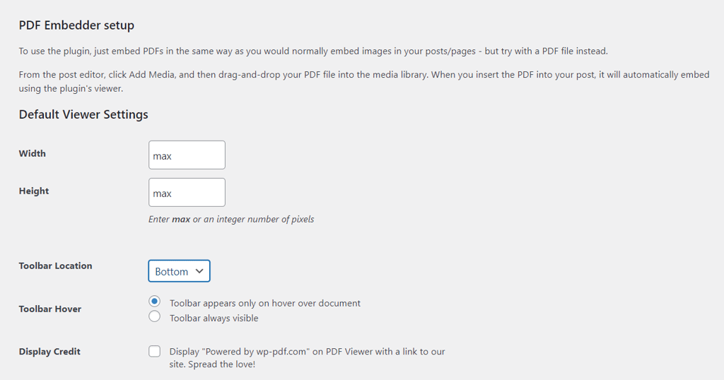 PDF Embedder setup page