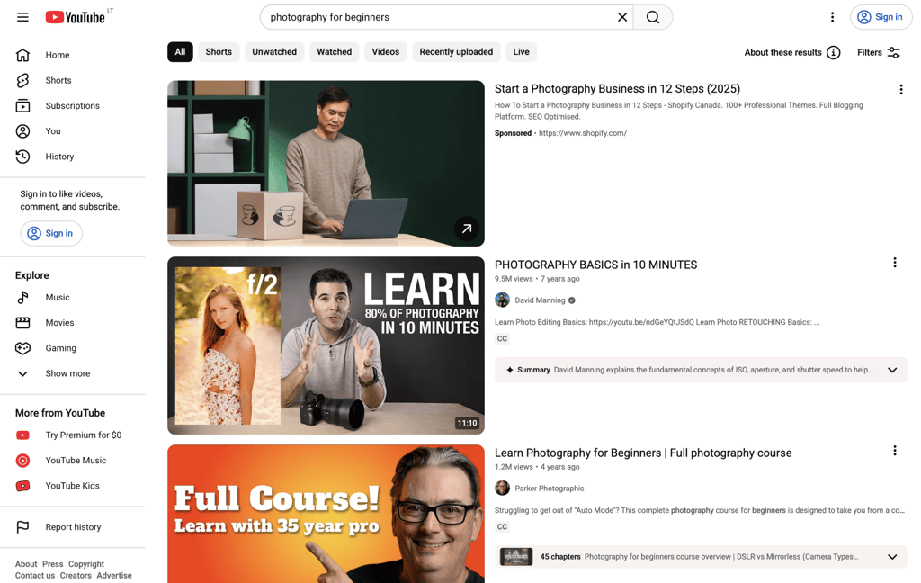 An image showing searching for photography for beginners course on YouTube