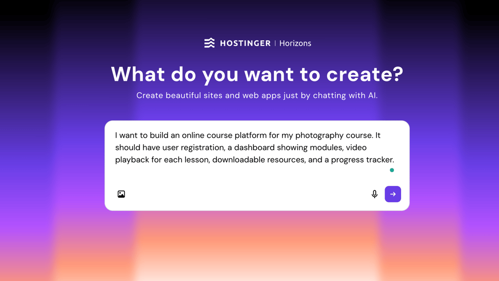 An image showing a prompt to create a photography course platform with Hostinger Horizons