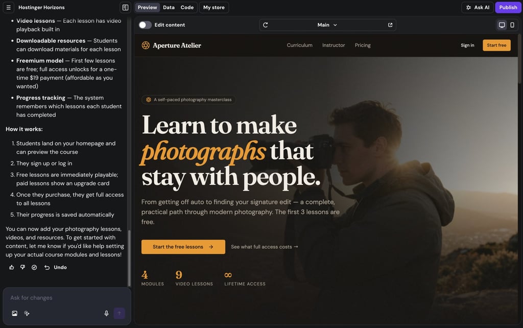 An image showing Hostinger Horizons creating a photography course platform