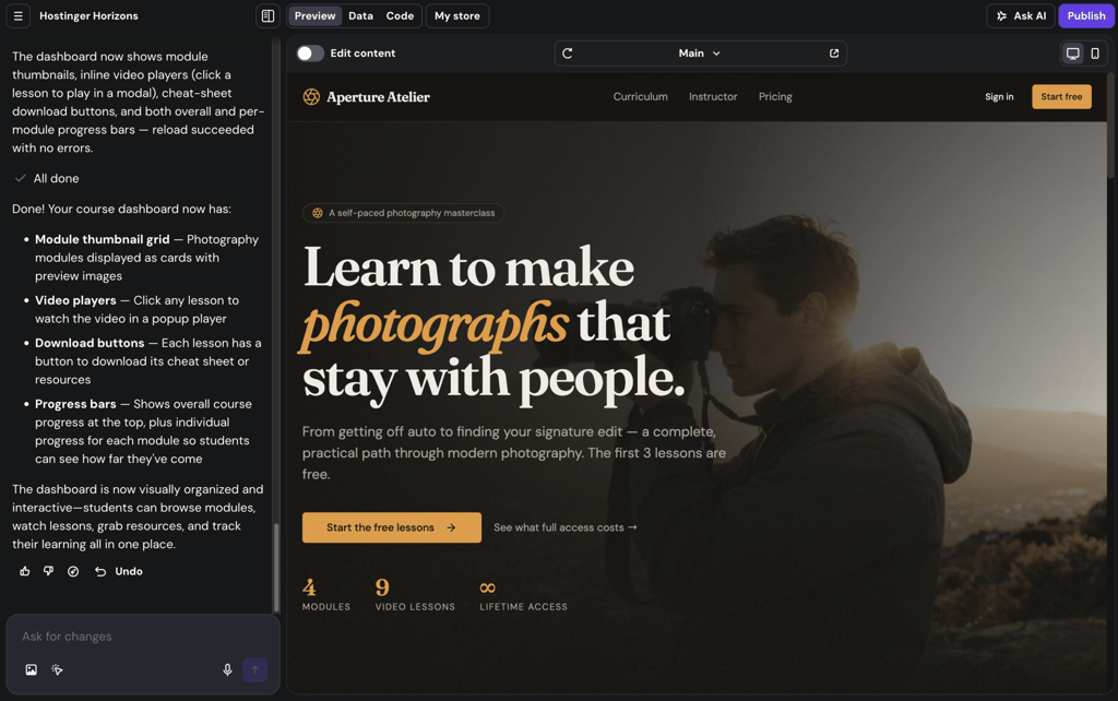 An image showing Hostinger Horizons redefining the design of a photography course it created