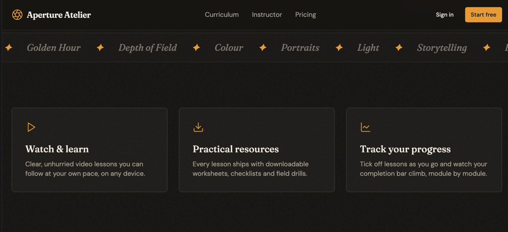 An image showing short video demonstrations, downloadable cheat sheets and a progress tracker on a website created with Hostinger Horizons
