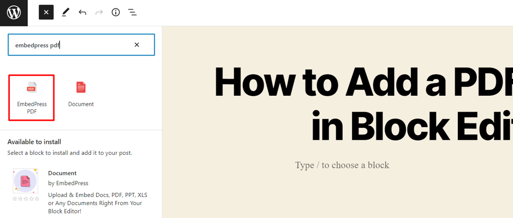 Searching for the EmbedPress PDF block in the WordPress Gutenberg Editor