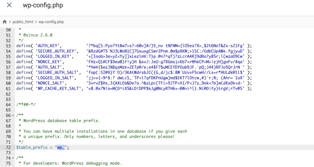 Searching for the $table_prefix value in the wp-config.php file