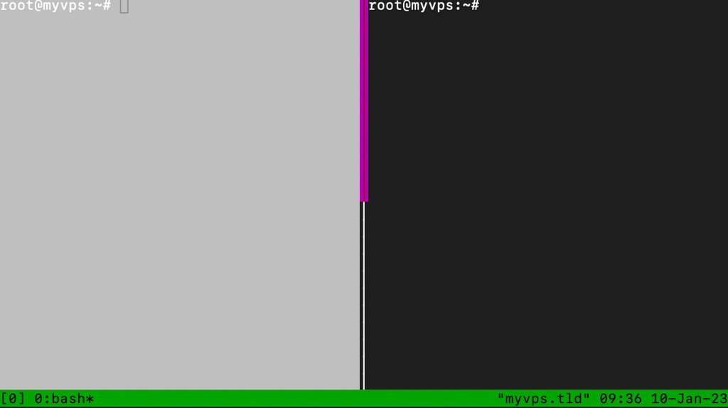 The terminal window displaying tmux panes functionality. With the help of configuration files, pane border color is now set as magenta