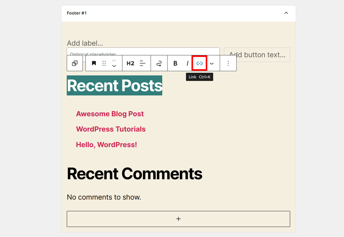 The Footer #1 widget area highlighting the link inserter button

