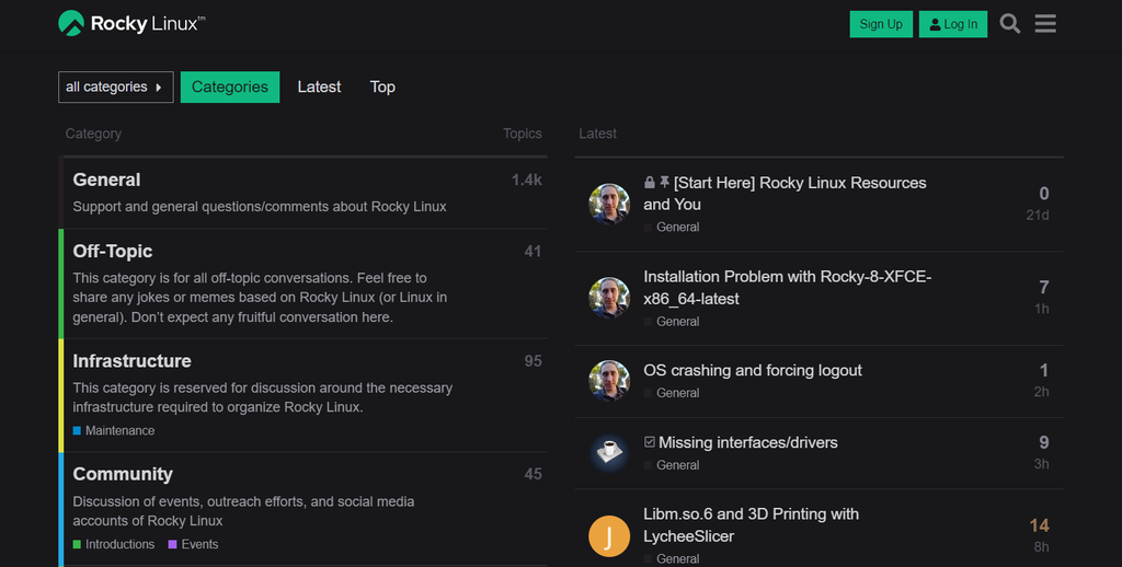 The Rocky Linux's community forum front page