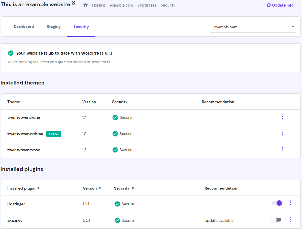 The Security tab on hPanel's WordPress dashboard.