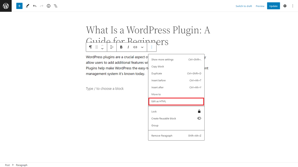The Show more settings option with the Edit as HTML button highlighted